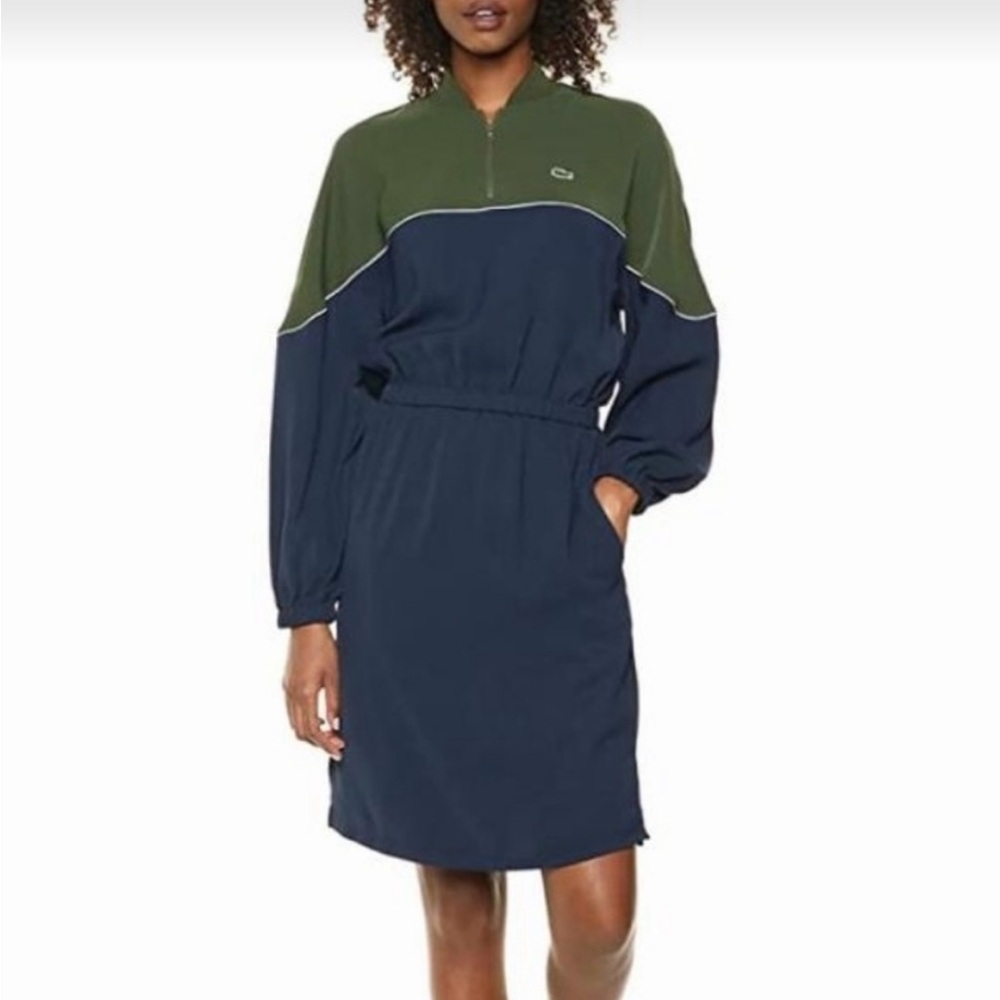 Lacoste Green and Blue Knee-Length Long Sleeve Raglan Shirt Dress